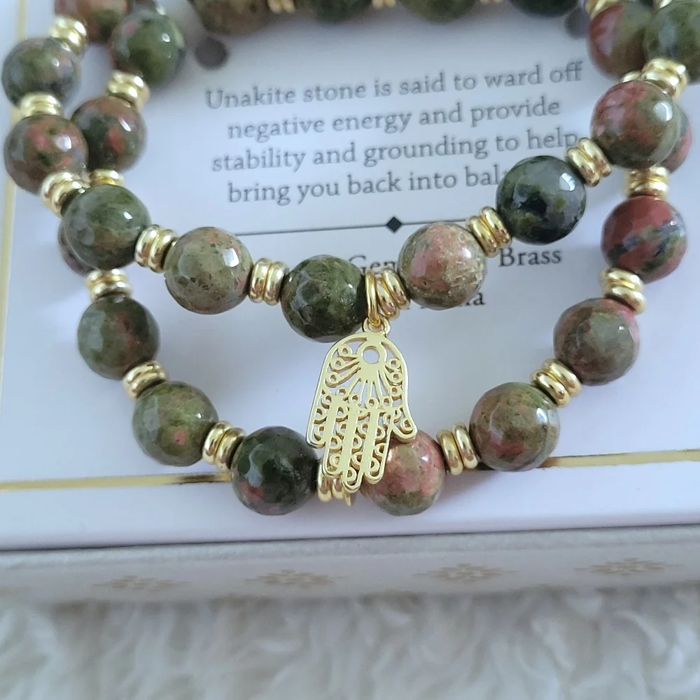 Shivam Unakite Stretch Bracelet Duo✌️ with Hamsa🤚Charm - NIB - Picture 5 of 15